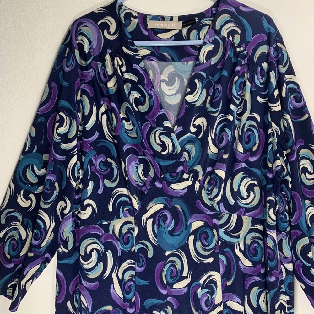 Anthology Midi Dress Navy Floral 3/4 Sleeves V-Neck Stretch Jersey UK Size 22 - Picture 5 of 11